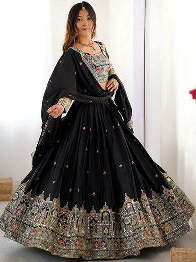 Amazing Black Thread Work Crepe Traditional Lehenga Choli With Dupatta